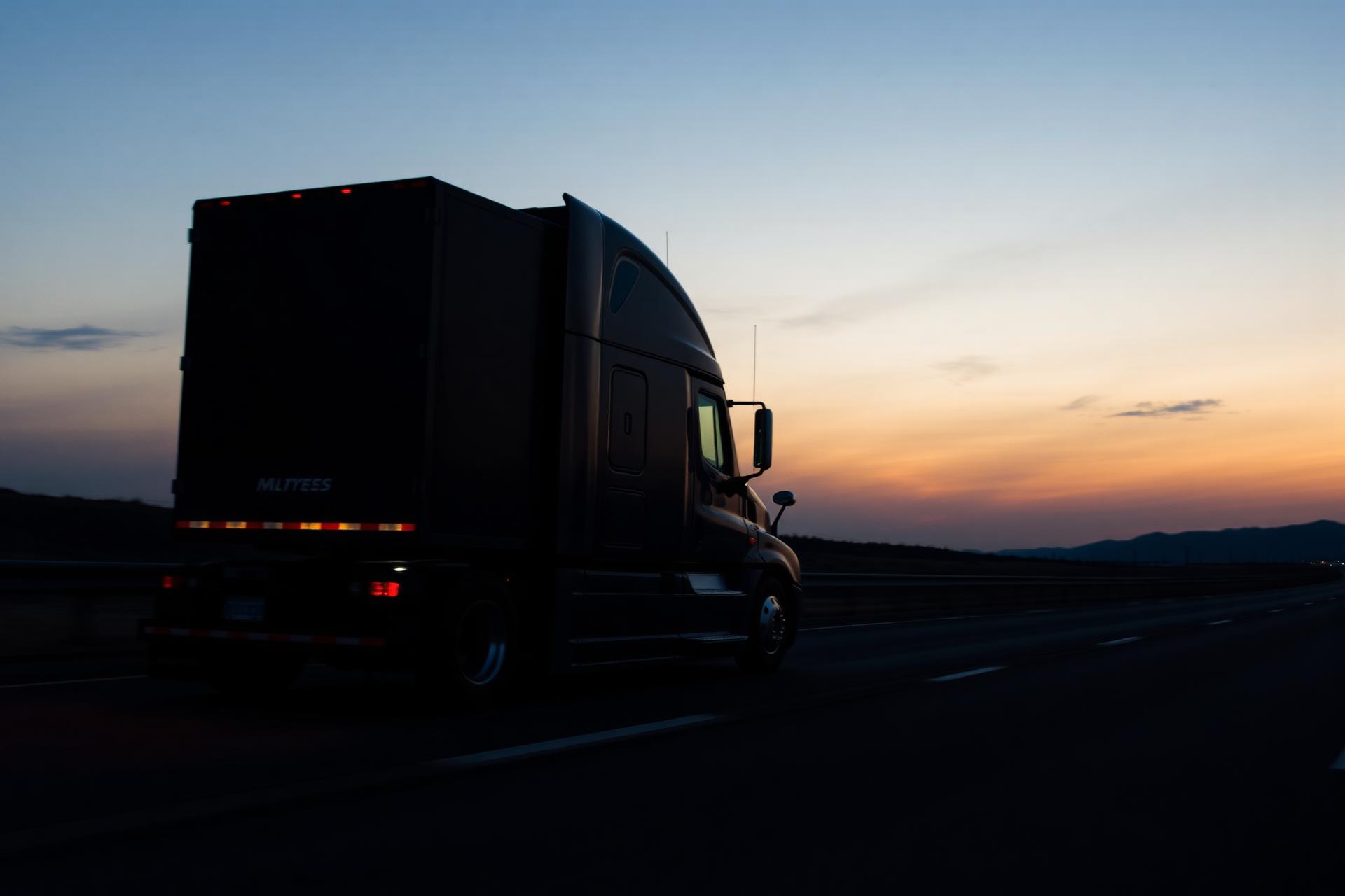 Semi truck driving on an open highway at dusk